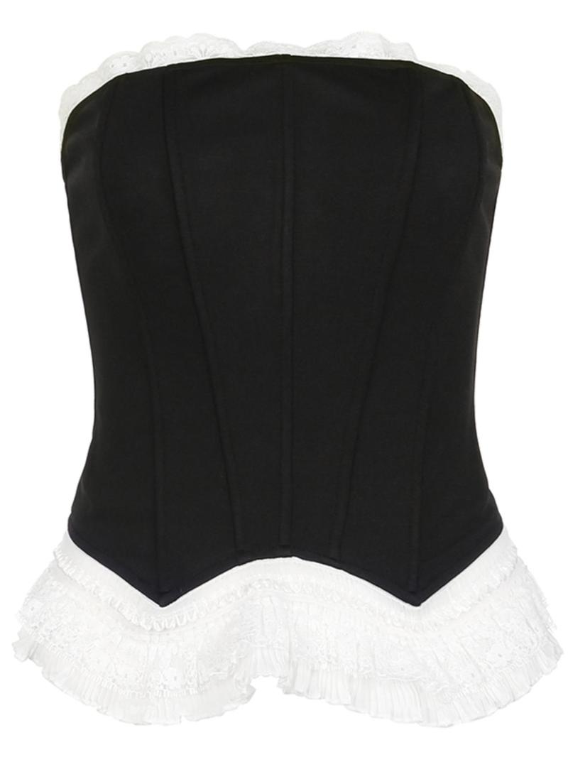 Product Introduction of Women's Contrast Lace Frill Trim  Zipper Back Crop Tube Top, Y2k Fashion Casual Strapless Bustier Top for Daily Outdoor Wear, Women Top Clothes for Summer 3