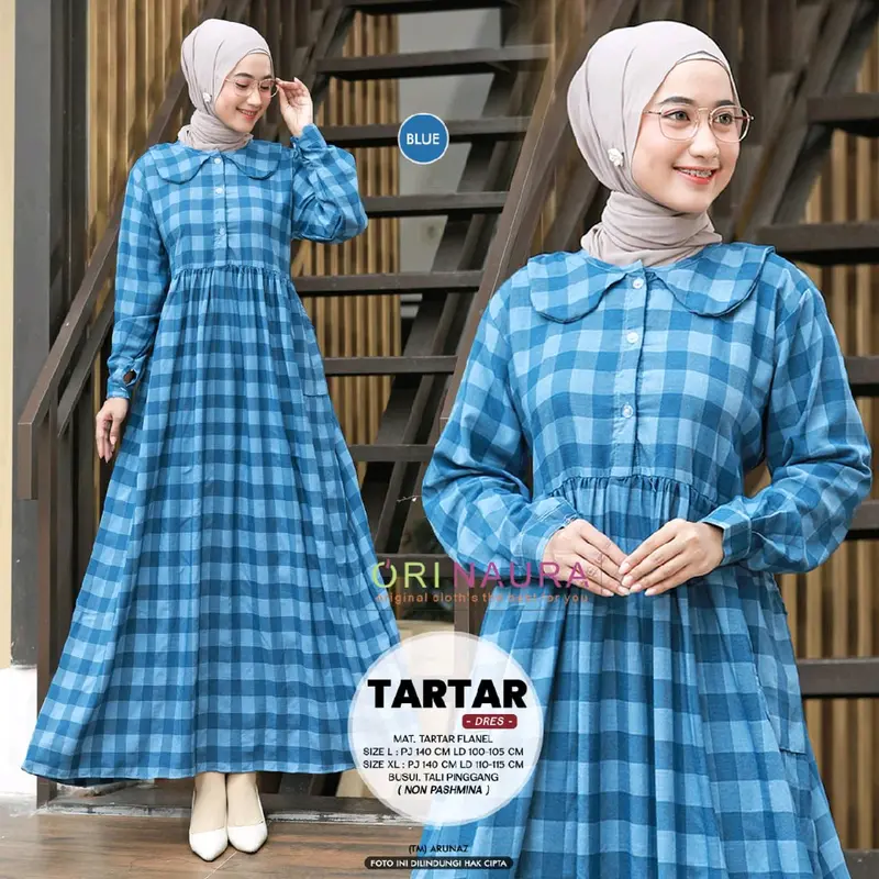Gamis Kotak Kotak Katun Tartan || Tartar Dress By Ori Naura Cantik Flanel Nyaman Kancing Motif Muslim Panjang 1
