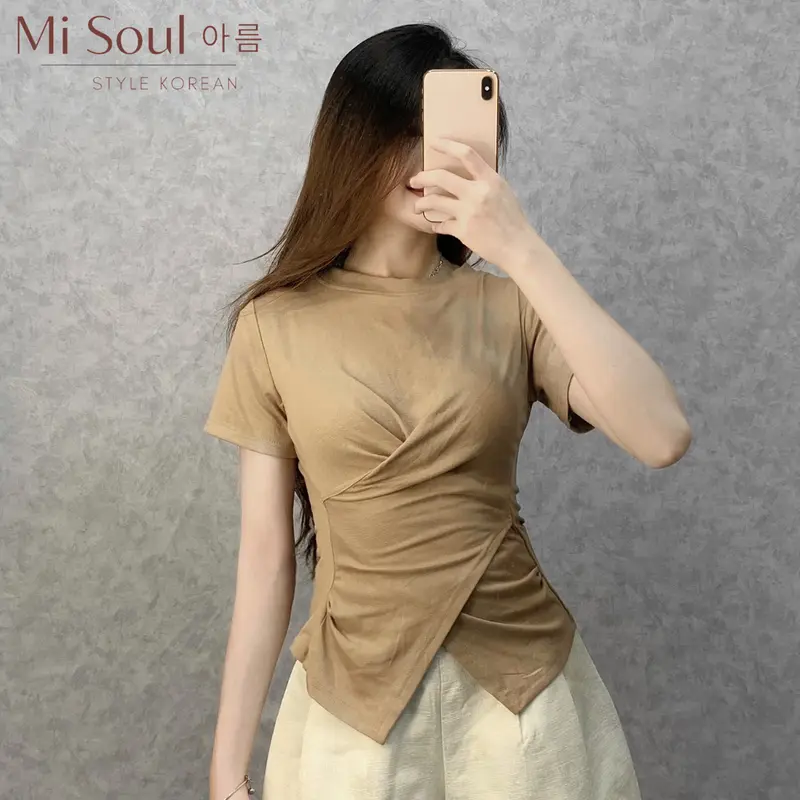 Áo Thun Xoắn Eo Cổ Tròn MiSoul BigSize , Áo Cộc Tay BigSize Vạt Chéo 199 Top Nữ Women Đen Cotton Voi 7