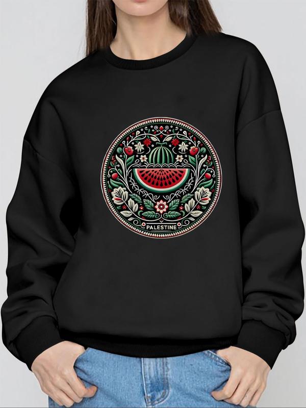 Women's Watermelon & Letter Print Long Sleeve Sweatshirt, Fashion Casual Drop Shoulder Crew Neck Pullover for Daily Holiday Outdoor Wear, Ladies Fall & Winter Clothes 0