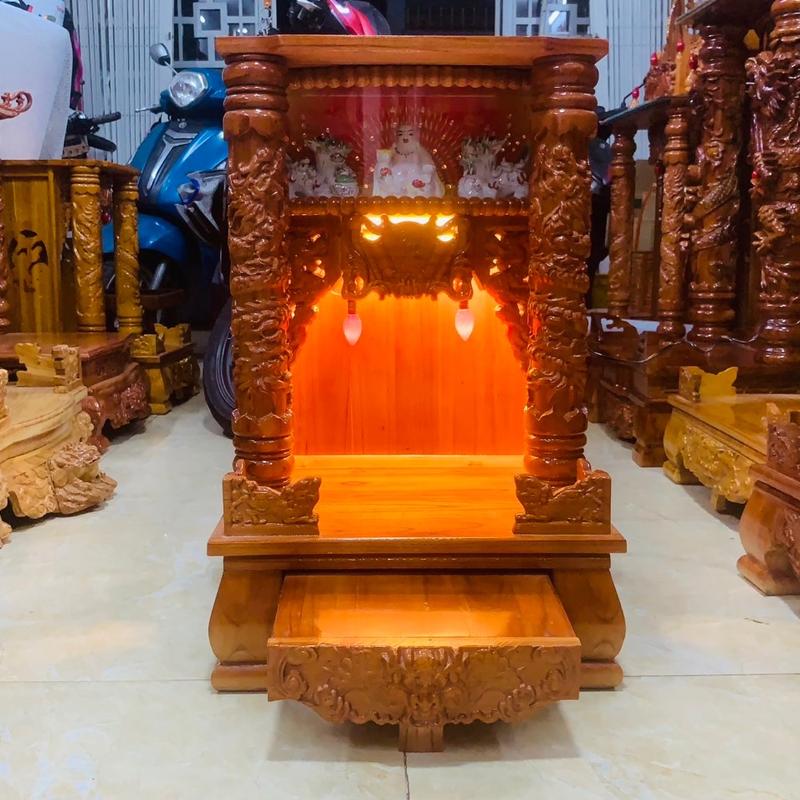 Hàng dày đẹp- Bàn thờ ông địa tủ thờ thần tài gỗ xoan đào có cột trụ đèn chớp 7 màu Gỗ trang trí nhà decor phòng nhà tranh Đồng