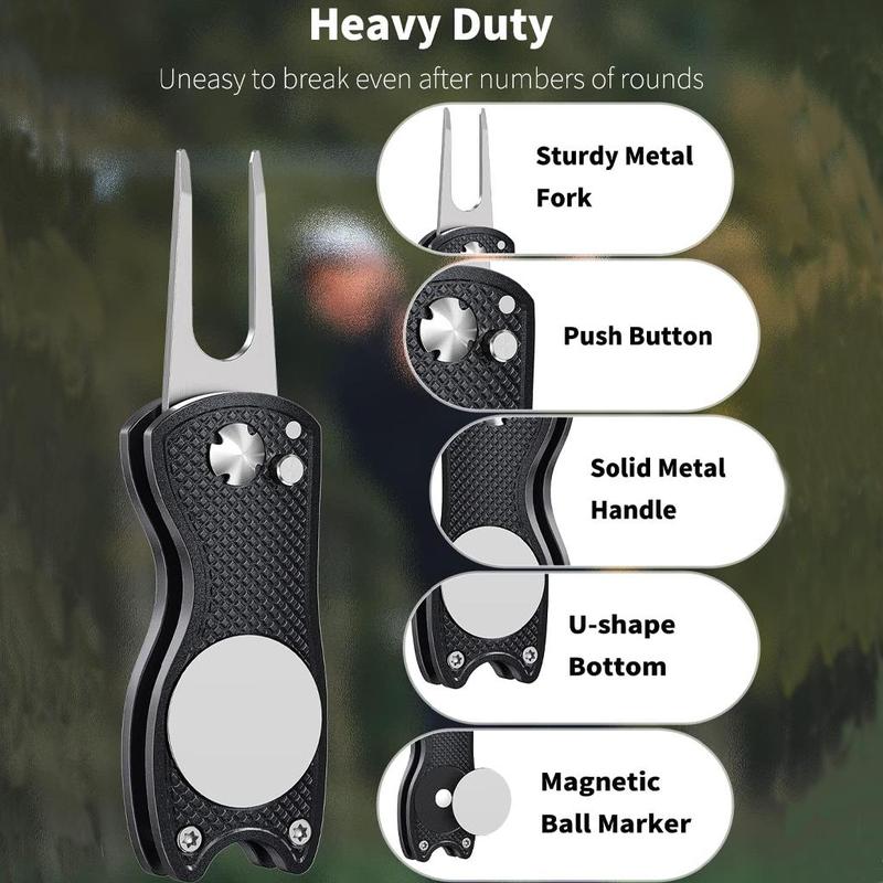 Product Introduction of Golf Divot Repair Tool, 2 Counts Foldable Metal Green Tool with Magnetic Putt Alignment Ball Marker, Pop-up Fork Tine with Sturdy Aluminum Alloy Handle, Professional Golf Accessories 3
