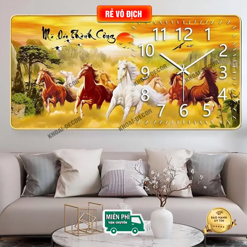 Tranh đồng hồ treo tường tráng gương pha lê UV Mã đáo thành công cao cấp giá rẻ siêu đẹp {Tặng kèm pin,đinh treo}