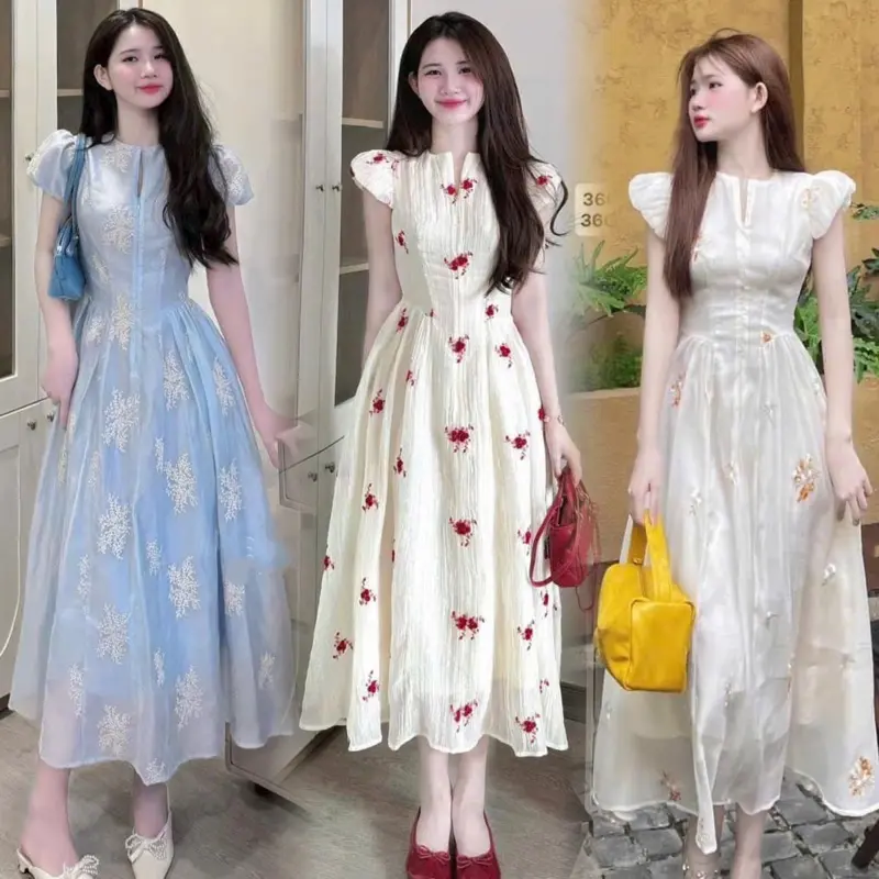 ĐẦM HOA TAY PHỒNG XẾP LY CỔ MẶC 2 KIỂU  Nữ Voi đầm
