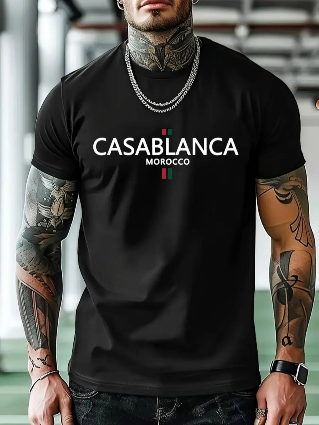 Men's Casablanca Graphic Print Round Neck Tee, Loose Casual Fashion Short Sleeve T-shirt for Summer, Men's Top for Daily Wear