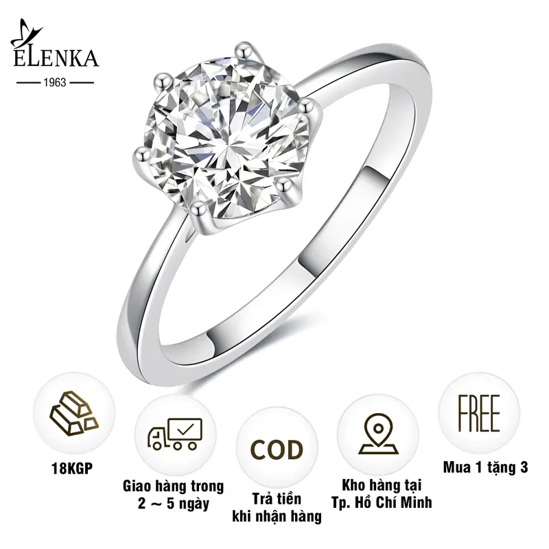 ELENKA - Nhẫn mạ vàng 18K đính đá Zircon 6 chấu thân trơn đơn giản sang trọng thanh lịch trang  sức   nhẫn 0