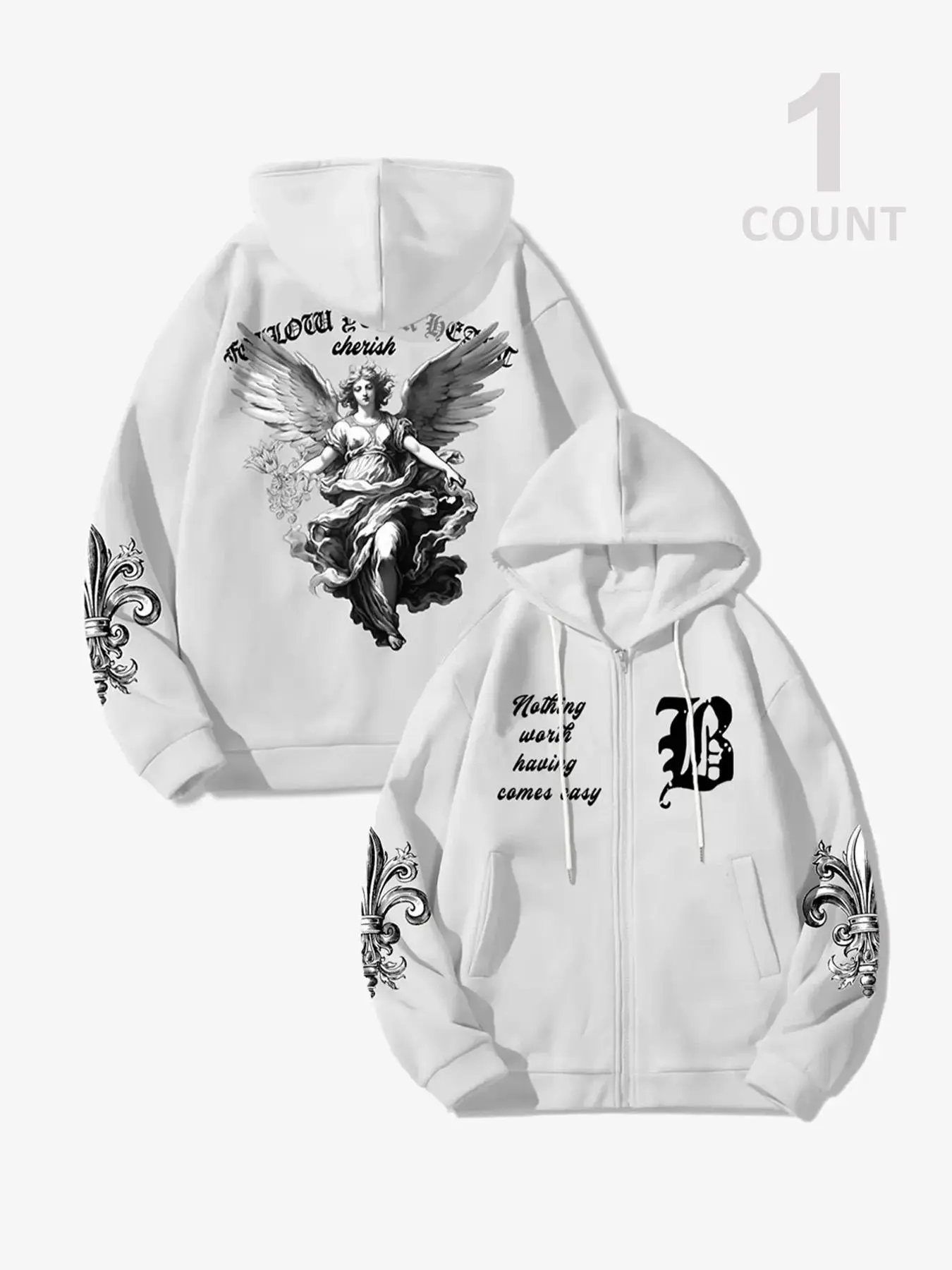 Men's Letter & Graphic Print Drawstring Zip Up Hoodie, Casual Loose Long Sleeve Pocket Hooded Sweatshirt for Fall & Winter, Men's Clothes for Daily Wear