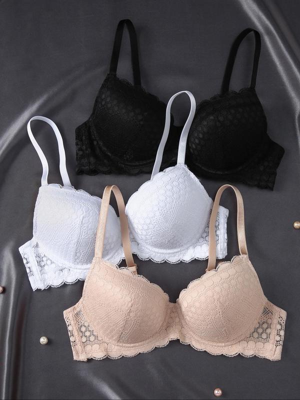 Women's Solid Color Lace Push Up Bra, Comfortable Breathable Underwire Bra, Soft Lingerie for Daily Wear 4