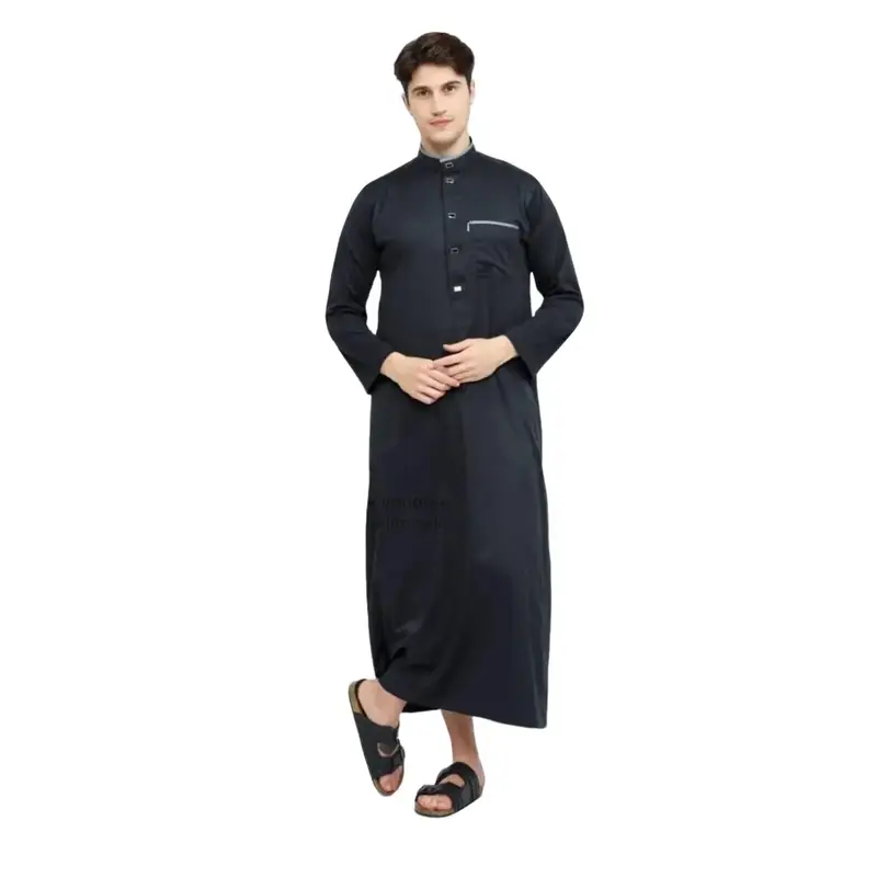 Gamis Pria dewasa pakaian Muslim laki-laki gamis lengan Panjang g  Kancing snap import Jubah Hitam 0