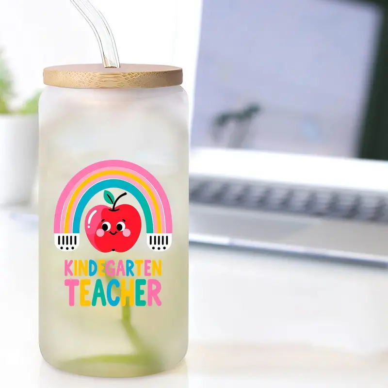 16oz Glass Cup with Straw & Brush, 1 Count Cute Cartoon Pattern Glass Cup, Drinking Cup for Home Office School, Gift for Kindergarten Teacher, Drinkware 3
