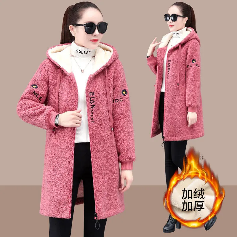 Áo Khoác Hoodie Cashmere, Lót Lông Cừu Mùa Đông, Dày Dặn, Phong Cách Phương Tây, Đi Chơi, Dáng Rộng Vừa Vặn, Thời Trang, Dài Trung Bình Áo Khoác Ấm, Quần Áo Nữ