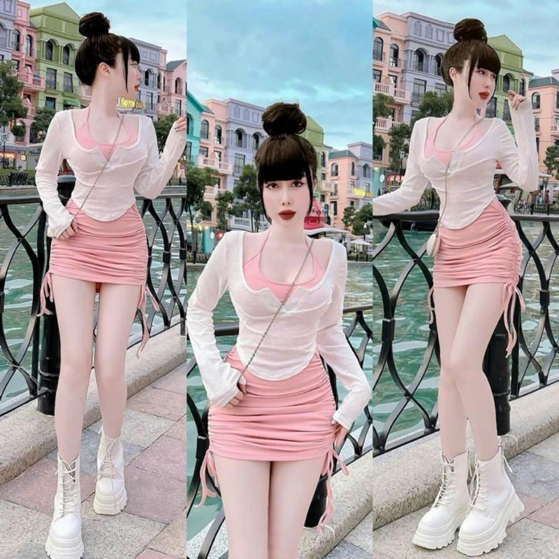 Set Đầm Ôm Body Rút Dây Kèm Áo Thun Tay Dài  Nữ Women Kem
