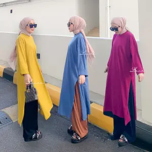 Nuna tunik busui Tunik high slit Tunik cotton combed Polos Kaos Basic Wanita Muslim Lembut Panjang Lembut Kerah Melar Atasan Warna Putih Agustusan