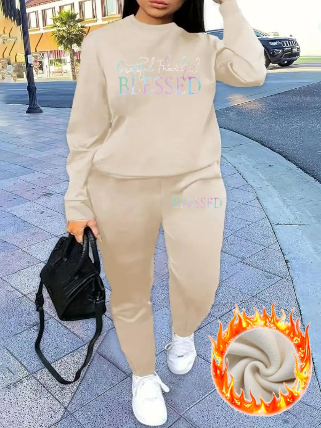 【Plus Size】 Two-Piece Set Letter Print Sweatshirt & Sweatpants Set, Casual Long Sleeve Pullover & Pants, Women's Fall & Winter Clothes for Daily Wear