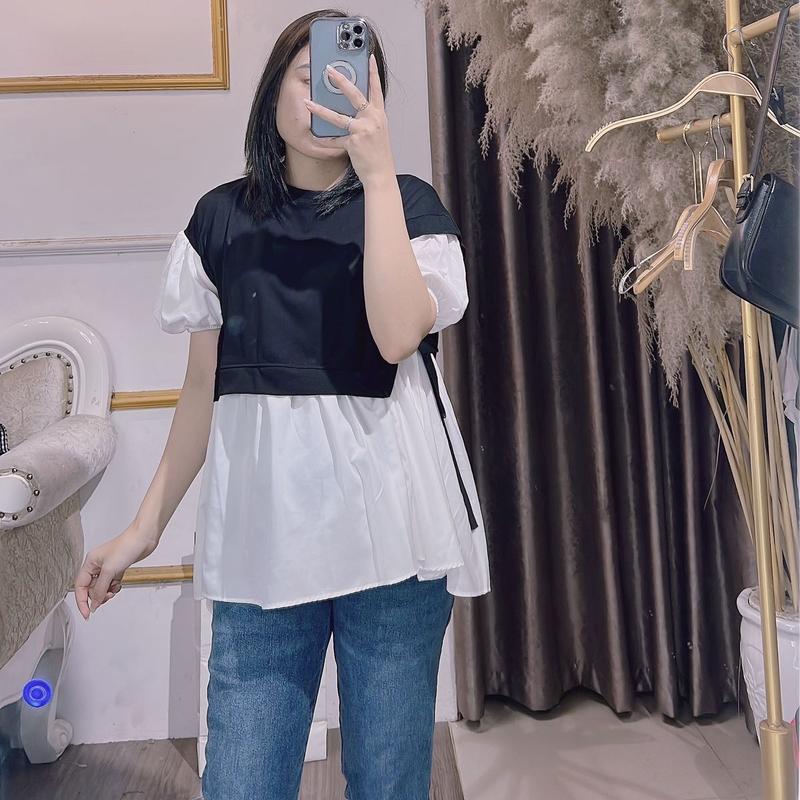  Áo sơ mi bầu dáng babydol buộc nơ bên 
