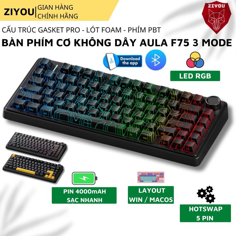 Bàn Phím CƠ Bluetooth Ziyou AULA F75 V2 Hotswap 5 Pin Full Foam Led RGB Cho Máy Tính Laptop Win/Mac