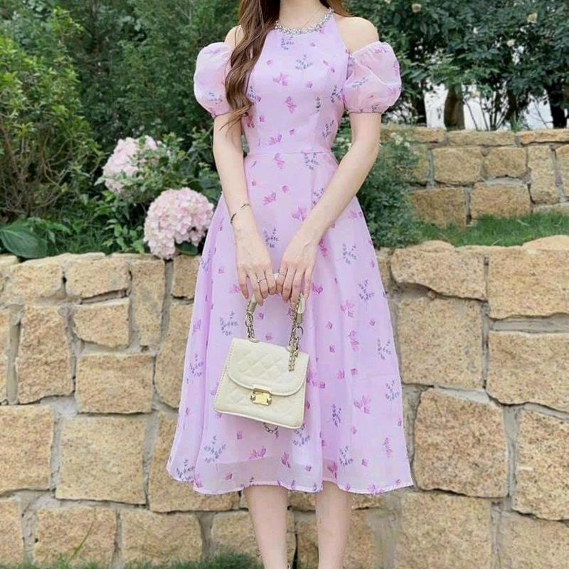 Đầm voan hoa cổ cườm tay phồng (free size eo dưới 72cm) đầm nữ đi tiệc đi chơi 4