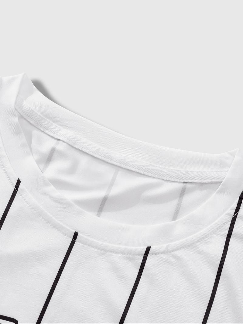 Product Introduction of Two-Piece Set Men's Letter Print Short Sleeve Crop Tee & Striped Print Shorts, Regular Fit Round Neck T-shirt & Track Shorts, Casual Summer Clothes Set for Outdoor 8