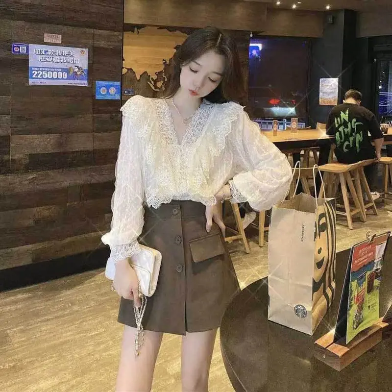 Áo Sơ Mi Ren Cổ Chữ V Cổ Điển Có Khâu Xù Cho Nữ, Áo Sơ Mi Dáng Rộng Thiết Kế Đẹp, Áo Sơ Mi Dài Tay Linh Hoạt Năng Cho Mùa Thu, Quần Áo Mùa Thu Thun Shirt Top Women 2