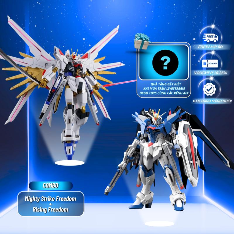 COMBO 2 sản phẩm Mighty Strike Freedom + Rising Freedom. Mô hình lắp ráp trưng bày tỉ lệ HG 1/144 cao 12-15cm. DEGO Toys