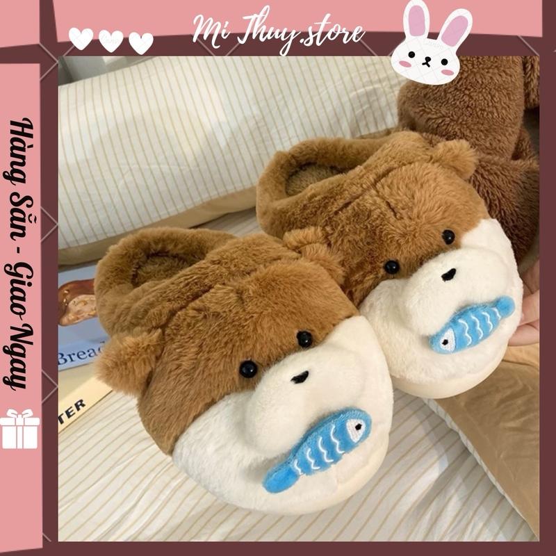 Chọn tăng 1 size Dép bông dễ thương dép xinh hình gấu ôm cá DÉP BÔNG HÌNH GẤU ÔM CÁ
