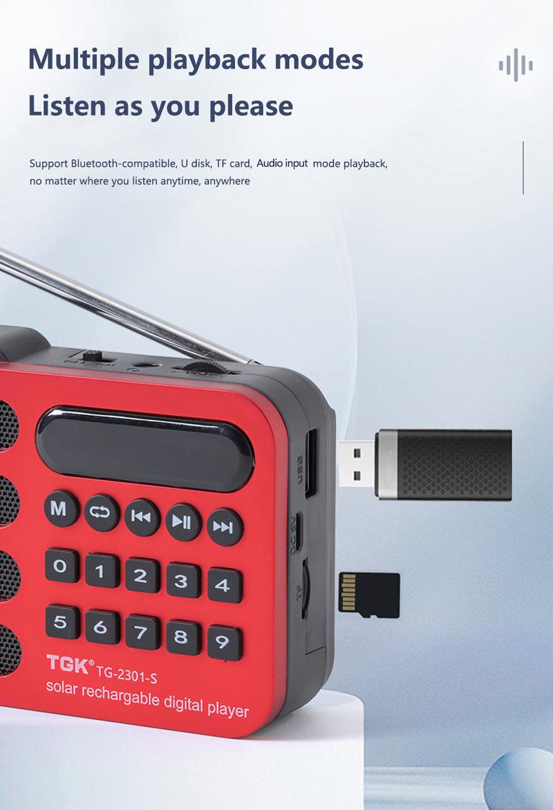 Product Introduction of Rechargeable Portable FM Radio Mini Solar Bluetooth Wireless Speaker Support USB TF Card MP3 Music Player with FM Radio Receiver 23