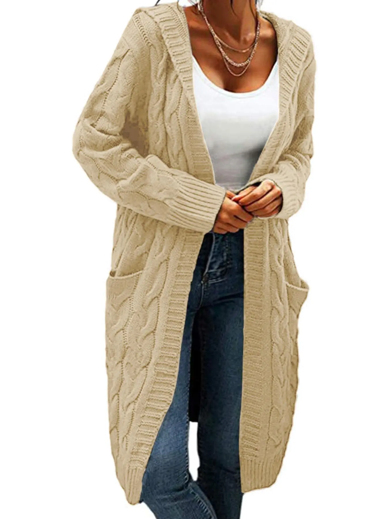 【Plus Size】 Cable Knit Pocket Hooded Cardigan, Casual Long Sleeve Open Front Knitwear for Fall & Winter, Gift Set, Women's Clothing for Daily Wear