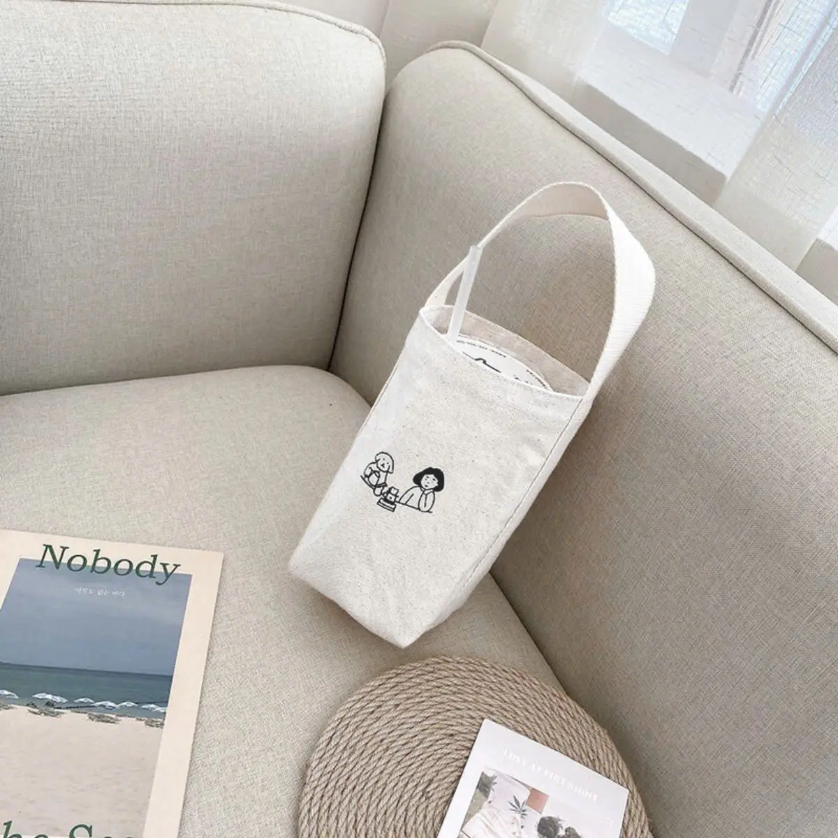 Túi đựng bình nước vải canvas vừa dung tích 800ml in hình dễ thương, túi đựng lý, đựng cốc, bình giữ nhiệt văn phòng m10