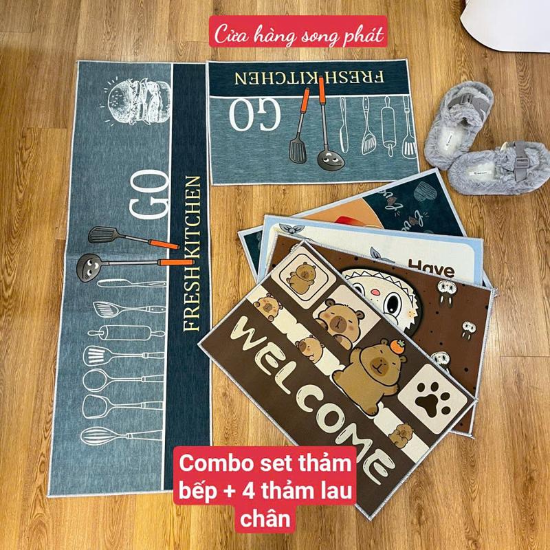 Combo thảm bếp bộ 2 tấm + 4 thảm lau chân bali tổng hợp chống trơn trượt, decor nhà tắm, phòng ngủ, nhà bếp, cực kì thấm hút nước, thảm babythree