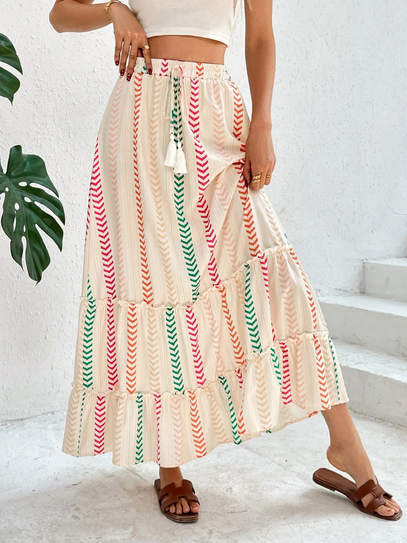 Women's Colorblock Tie Waist Long Skirt, Boho Fashion Casual A Line Skirt for Daily Holiday Vacation Wear, Ladies Bottoms for Summer