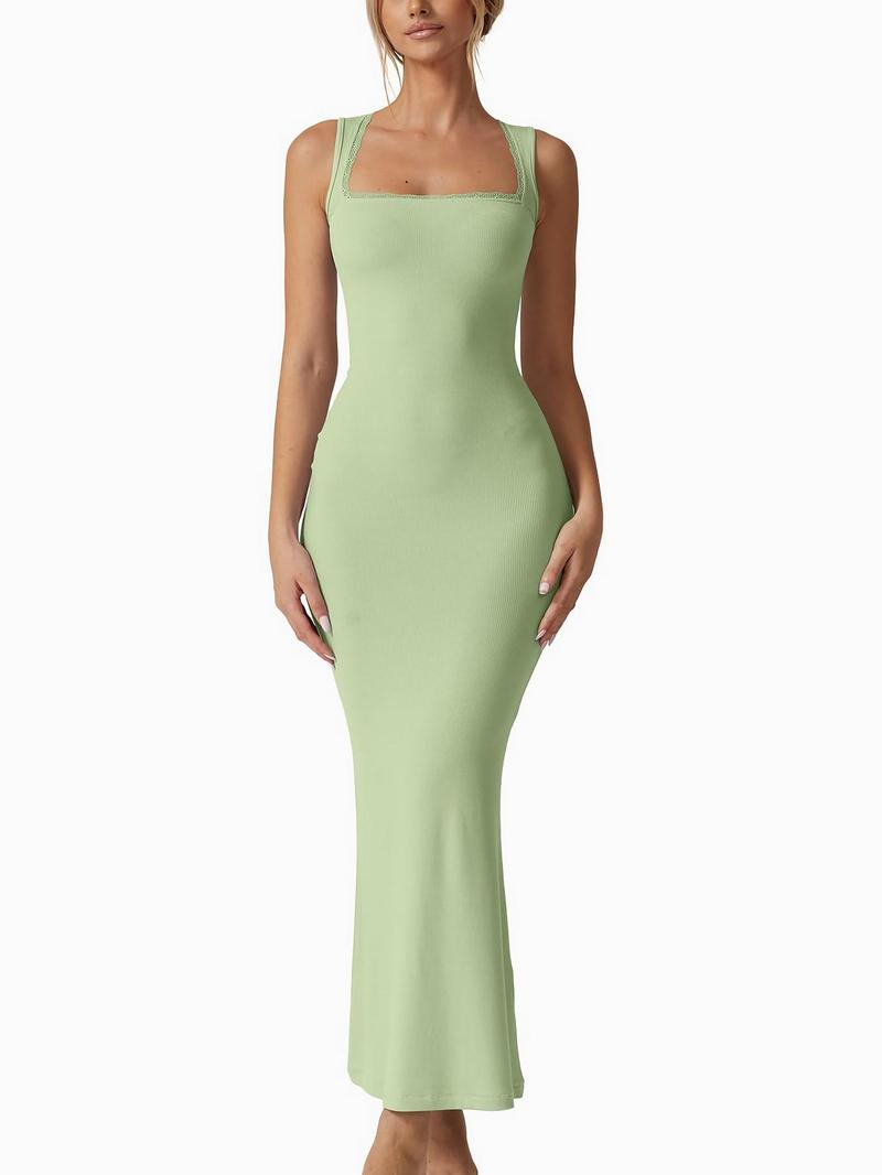 Product Introduction of Women's Solid Contrast Lace Square Neck Party Dress, Elegant Sleeveless Long Dress for Party Banquet, Ladies Clothes for All Seasons 3