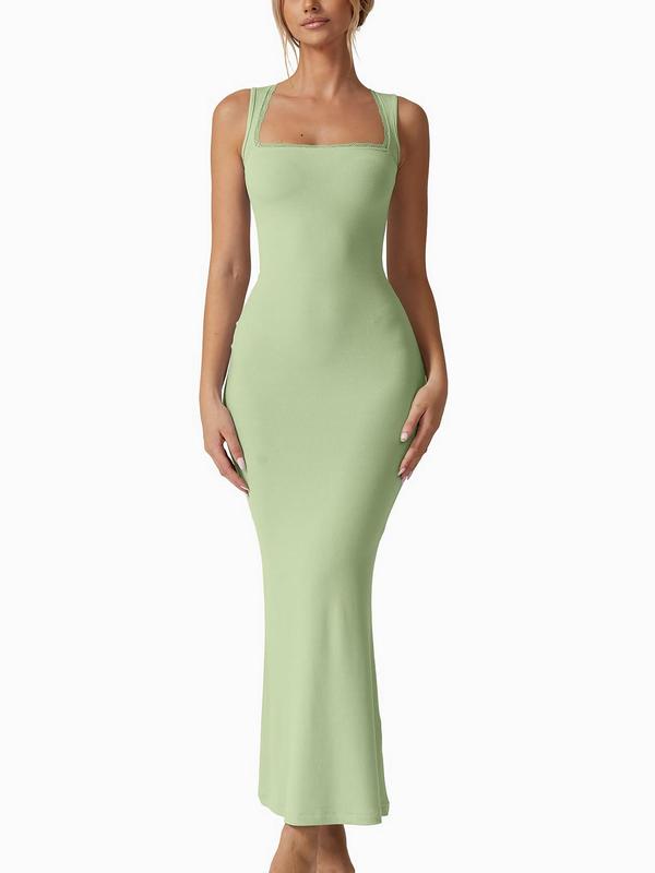 Women's Solid Contrast Lace Square Neck Party Dress, Elegant Sleeveless Long Dress for Party Banquet, Ladies Clothes for All Seasons 2