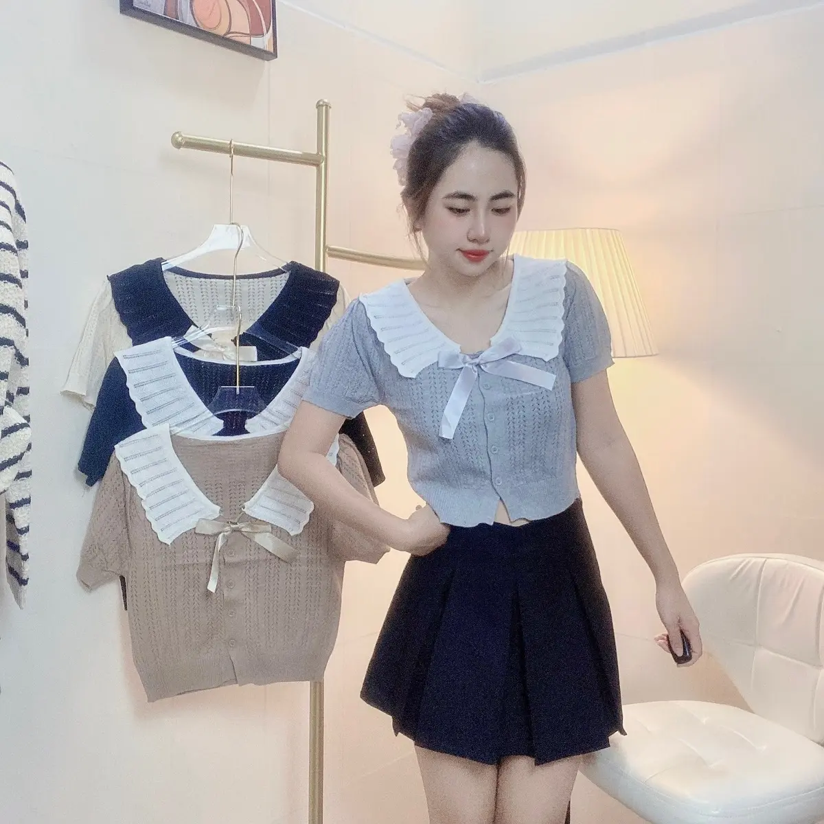 Áo len dệt kim kèm tag nơ tay ngắn croptop