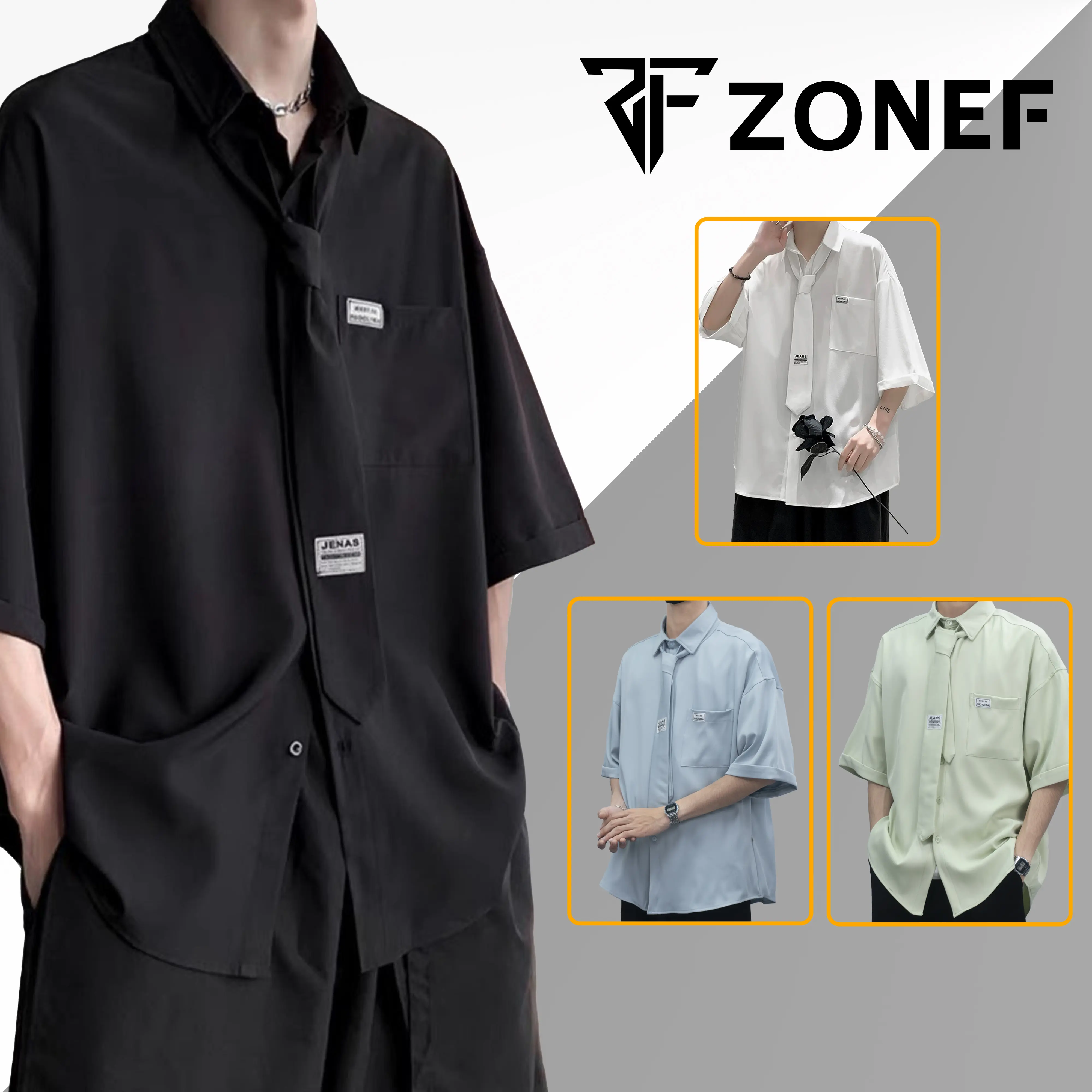 Áo Sơ Mi Unisex ngắn tay Oversize phối Cà Vạt, Áo Sơmi Caravat form rộng Hàn Quốc By ZONEF Nam Menswear