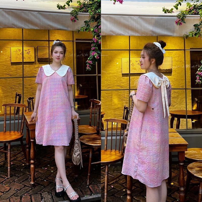 MumMum/Đầm bầu karo vintage dáng suông cổ cách điệu xinh sang nhẹ nhàng, đẹp/váy bầu tết, đầm bầu tết, Noel