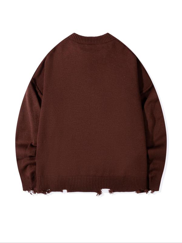 Men's Solid Ripped Drop Shoulder Sweater, Loose Casual Long Sleeve Round Neck Jumper for Fall & Winter, Men's Knitwear for Daily Wear 1