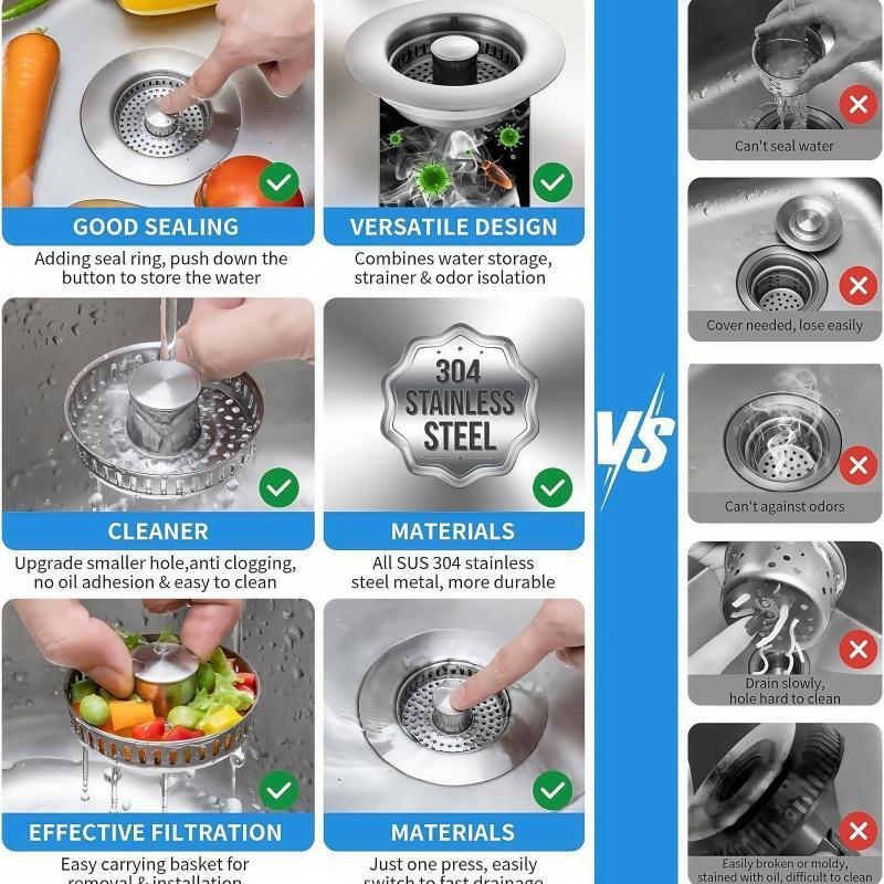 3 in 1 Kitchen Sink Drain Strainer, Stainless Steel Sink Stopper, Anti-clogging Sink Food Catcher Basket, Fast Drainage Odor Filter Sink Plug for US Standard 3 1/2 Inch Drain, Drain Cover 7