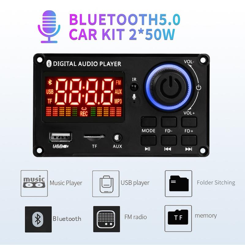Product Introduction of Car Bluetooth 5.0 12V 2*80W MP3 player USB FM microphone handsfree control decoding board 22