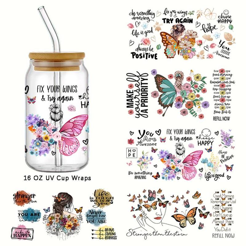 Butterfly Pattern UV DTF Transfer Sticker, 5 Counts/set DIY Sticker for Glass Bottle, Glass Cup Decorative Transfer Decal 0