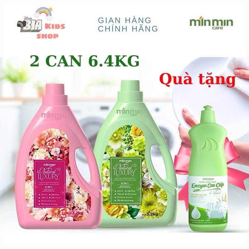 TẶNG NRC - Thùng 2 Can Nước giặt xả Enzym sinh học MIN MIN CARE 6in1 lưu hương, bền màu vải, an toàn cho da trẻ em 6.4kg Cho Bé  Làm Sạch