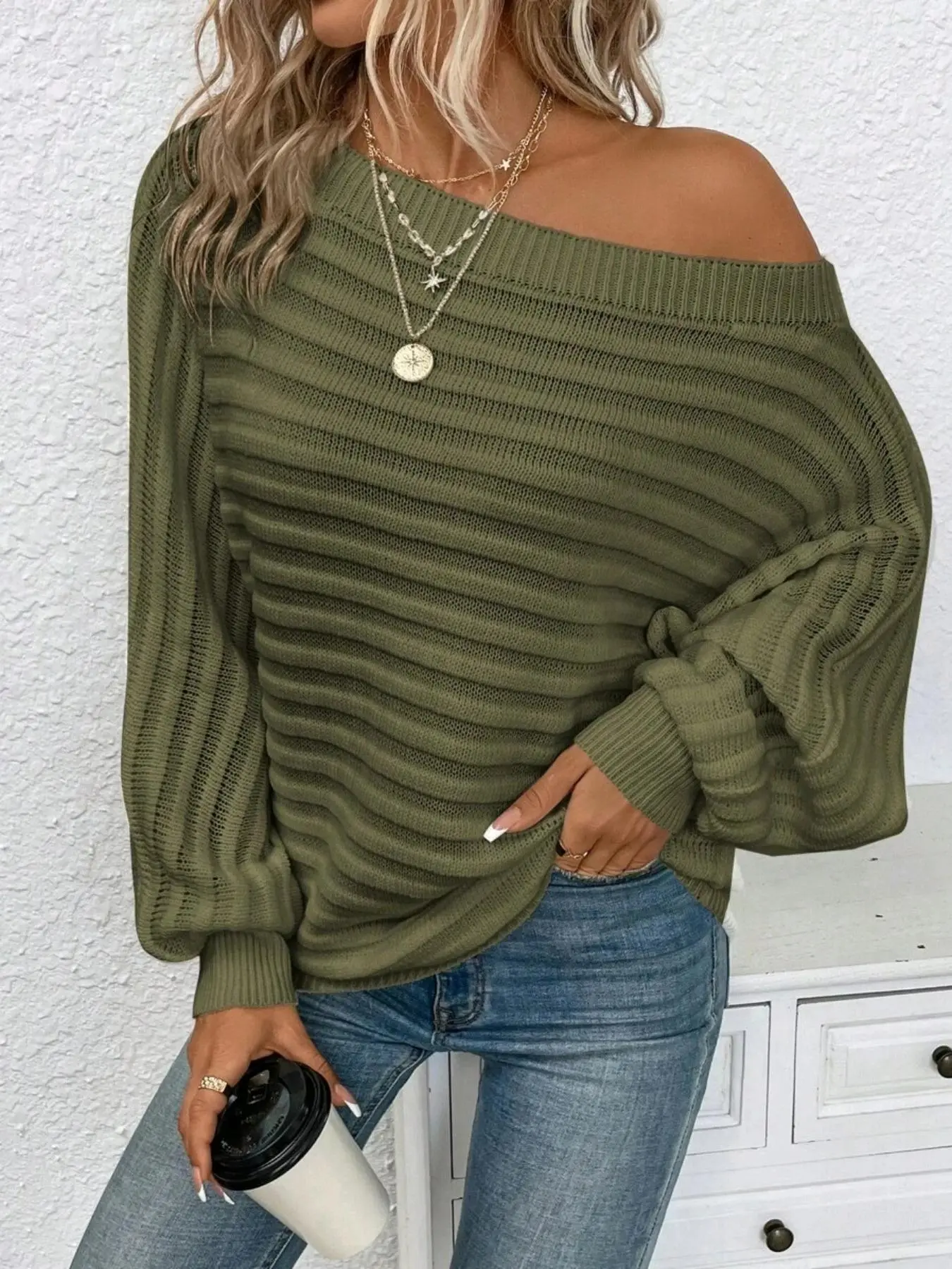 Women's Textured Asymmetrical Neck Sweater, Trendy Casual Elegant Long Sleeve Batwing Sleeve Jumper for Daily Outdoor Wear, Ladies Knit Top for All Seasons, Tops for Women, Sweaters for Women, Going Out Tops