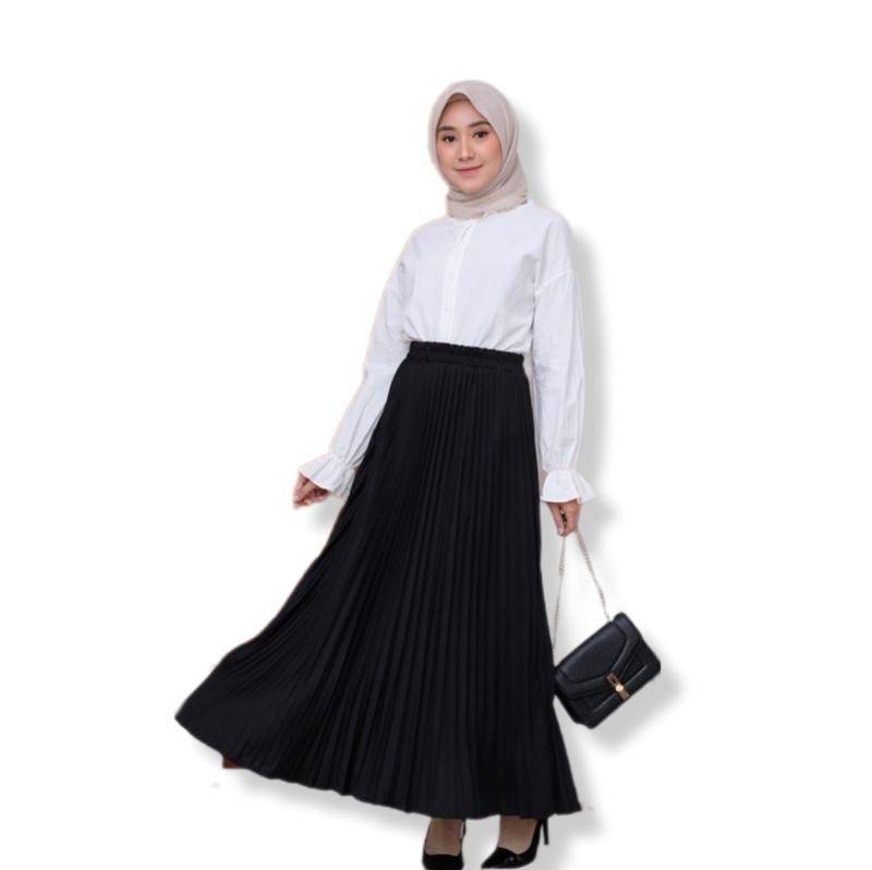 Product Introduction of PAKET ISI 5 PCS ROK PLISKET PREMIUM JUMBO M FiT TO XXL / MAYUNG / MAXI REMPEL LIPAT PANJANG / MAKSI MUSLIM TERBARU TEBAL HYGET TERMURAH Polos Hitam Cokelat Navy Putih Navy 15
