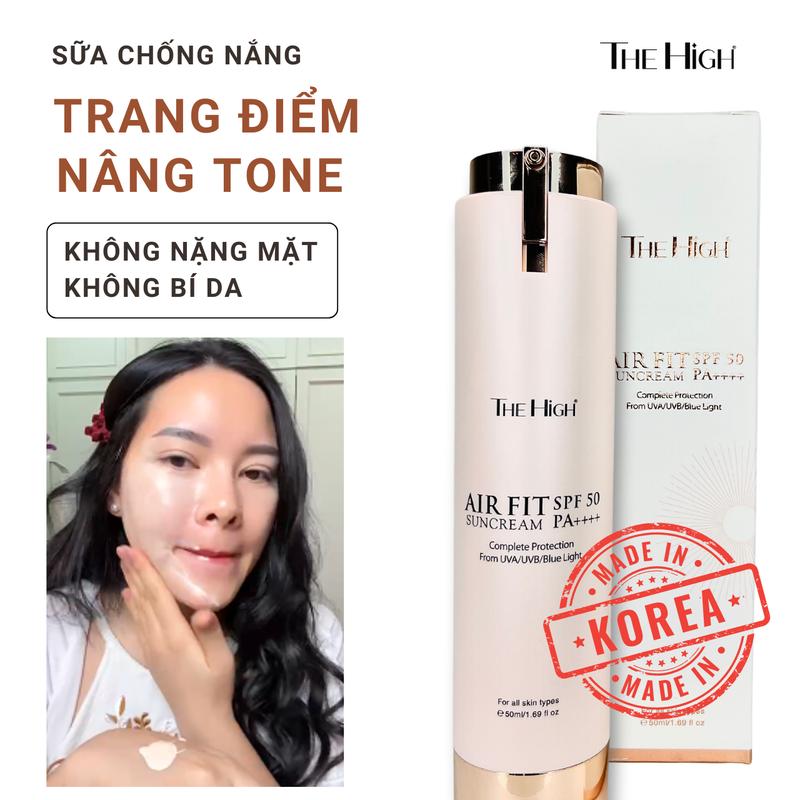 Kem Chống Nắng Trang Điểm Dưỡng Trắng, Giữ Tone Tới 16h, Hỗ Trợ Kiềm Dầu, Hỗ Trợ Hạn Chế Bắt Nắng Hàn Quốc THE HIGH Airfit Sun Cream  50ml Dạng Sữa Skincare Sunscreen Chăm Sóc Da