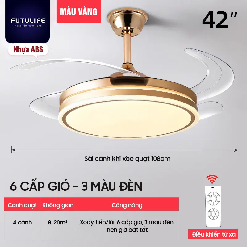 QUẠT TRẦN ĐÈN Thu Cánh/ Đông cơ lõi đồng, 6 Cấp Độ Gió, 3 Chế Độ Đèn, Điều Khiển Từ Xa