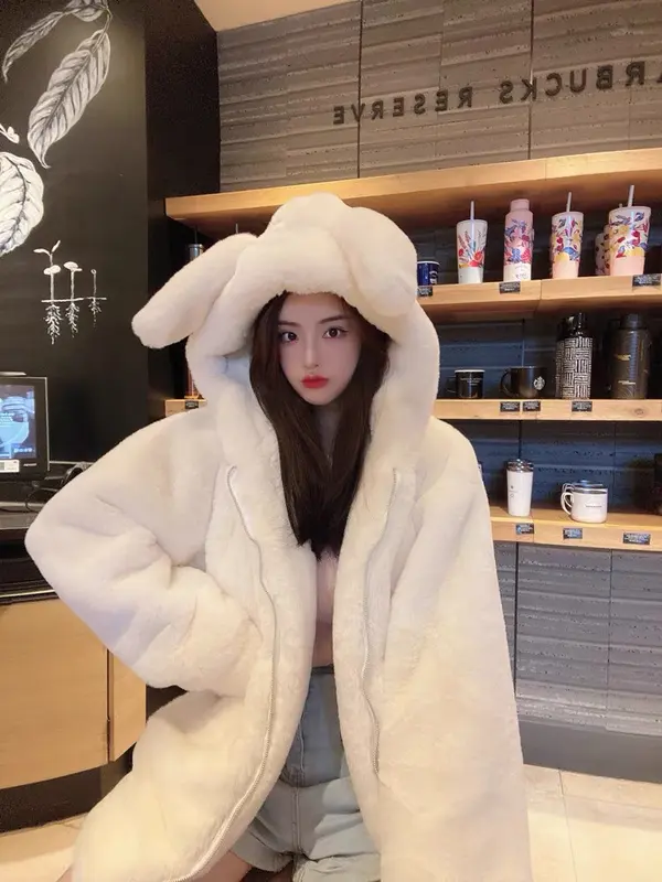 [Xả Hàng] Áo khoác Nữ  lông tai thỏ dài hàng QC Shop Ngắm Top Jacket Women Trắng Women Trắng 1