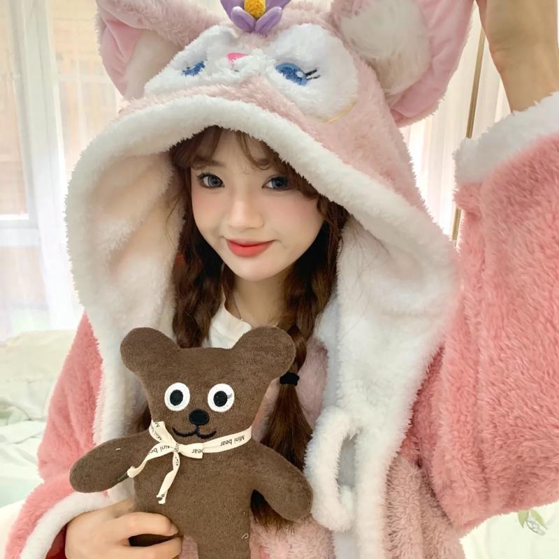 [QC][40-70kg]Bộ ngủ nữ lông dài tay quần dài CÁO HỒNG LINABELL mềm mại ấm áp freesize mùa đông Áo Nhung Women Quần Ngủ đồ