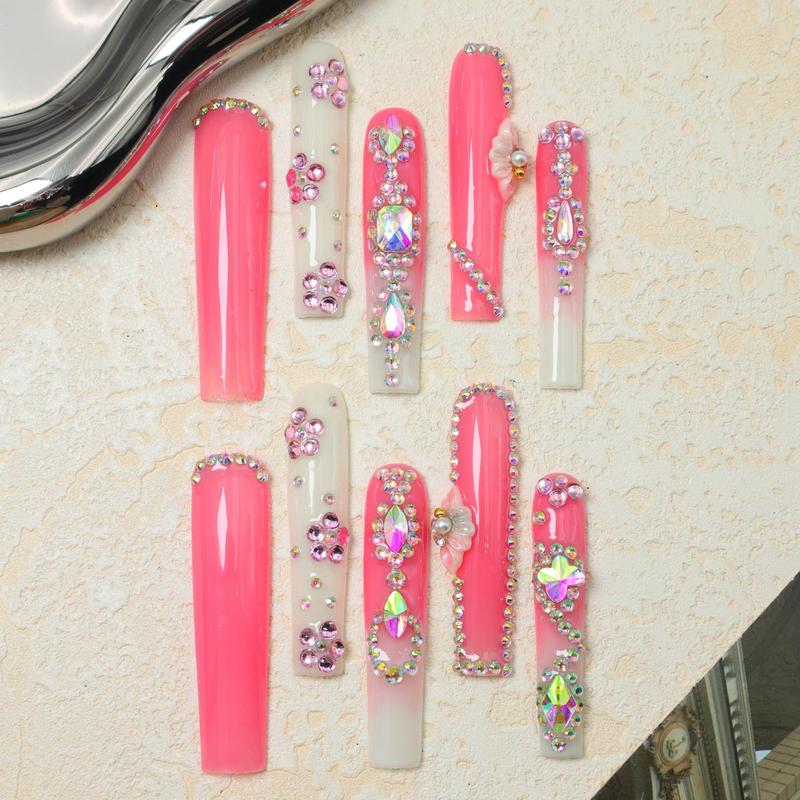 Rhinestone Decor Fake Nails with 1 Nail File & 1 Sticker Sheet & 1 Stick, 10pcs Long Square False Nails for Women & Girls DIY Nail Art, Glossy Press on Nails Set 4