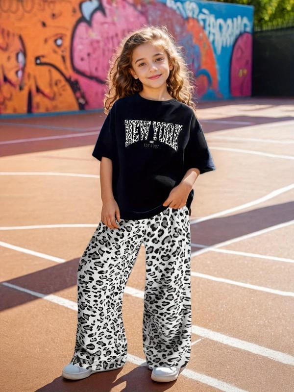 Two-piece Set Girl's Leopard Letter Print Tee & Pants Set, Casual Fashion Round Neck Short Sleeve T-shirt & Trousers for Daily Outdoor Wear, Kids Clothing for Summer, Rounded Neck 6