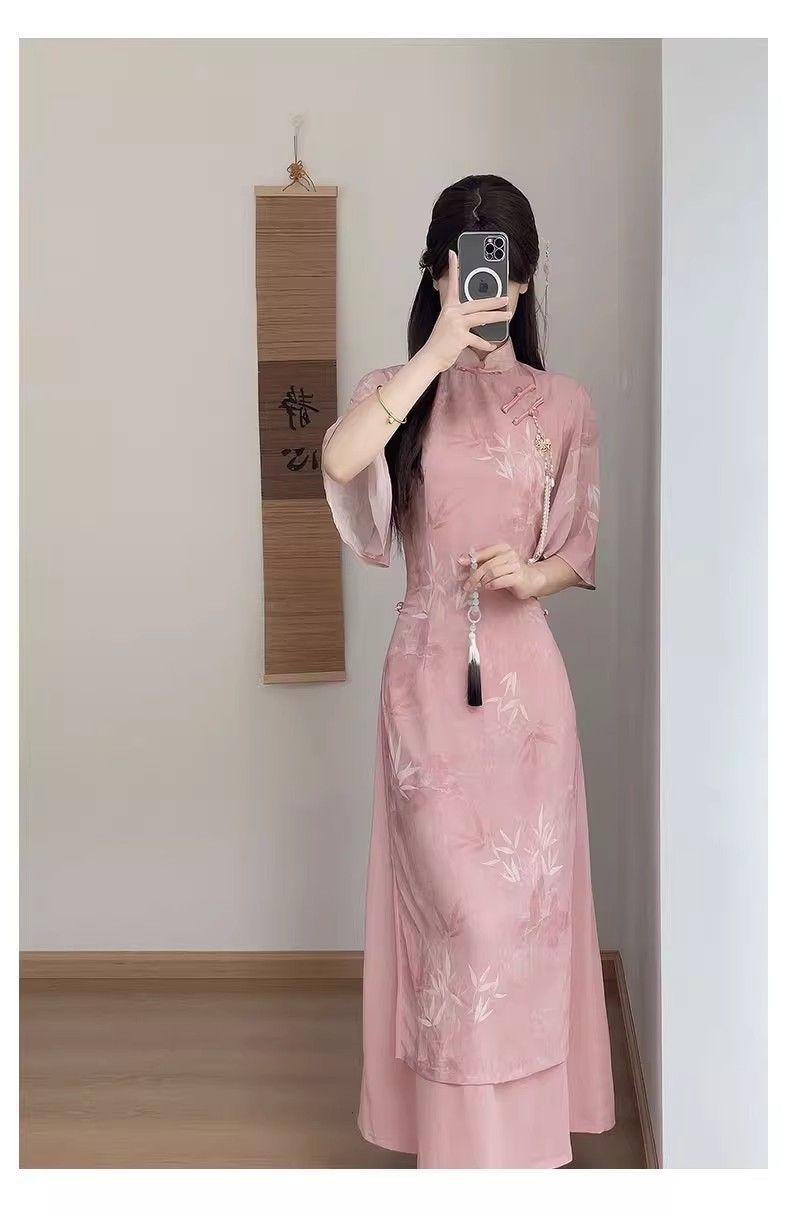 Product Introduction of Áo Dài, Sườn Xám Ao Dai Hồng, Thiết Kế Trung Quốc Mới, Cải Tiến Mới, Thích Hợp Cho Các Cô Gái Trẻ Và Dáng Ôm, Mặc Mùa Hè, Thích Hợp Cho Các Hoạt Động Hàng Ngày, Quần Áo Trà 6