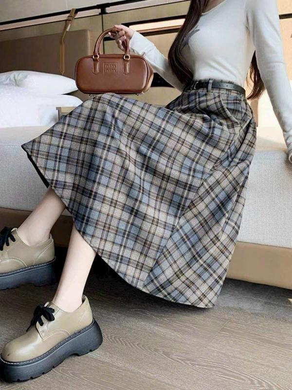 TẶNG ĐAI Chân Váy Kẻ Dáng Xoè Dài 70 cm Chất Dạ Mềm QC Freesize dưới 62kg Nữ Women Kem Dạ Top thắt lưng có